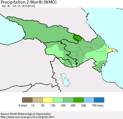 Azerbaijan, Armenia and Georgia Precipitation 2-Month (WMO) Thematic Map For 4/26/2023 - 6/25/2023