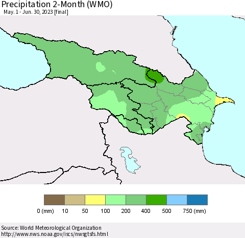 Azerbaijan, Armenia and Georgia Precipitation 2-Month (WMO) Thematic Map For 5/1/2023 - 6/30/2023