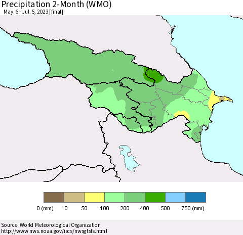 Azerbaijan, Armenia and Georgia Precipitation 2-Month (WMO) Thematic Map For 5/6/2023 - 7/5/2023
