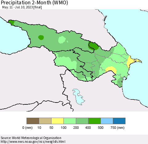 Azerbaijan, Armenia and Georgia Precipitation 2-Month (WMO) Thematic Map For 5/11/2023 - 7/10/2023