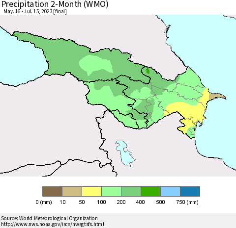Azerbaijan, Armenia and Georgia Precipitation 2-Month (WMO) Thematic Map For 5/16/2023 - 7/15/2023