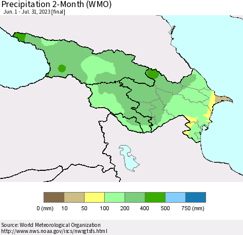Azerbaijan, Armenia and Georgia Precipitation 2-Month (WMO) Thematic Map For 6/1/2023 - 7/31/2023