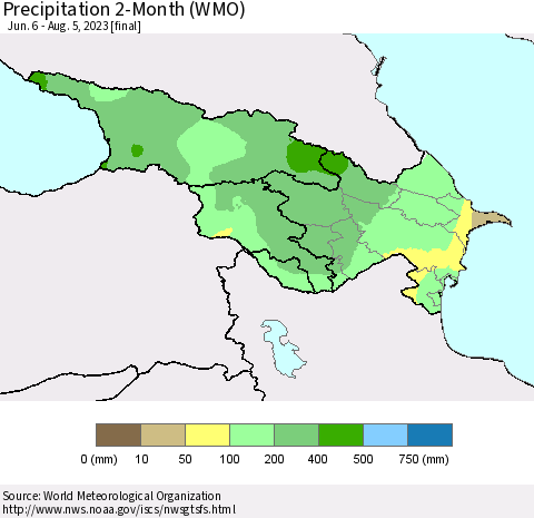 Azerbaijan, Armenia and Georgia Precipitation 2-Month (WMO) Thematic Map For 6/6/2023 - 8/5/2023