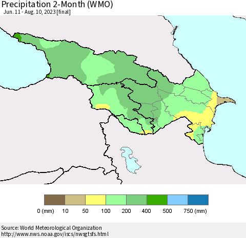 Azerbaijan, Armenia and Georgia Precipitation 2-Month (WMO) Thematic Map For 6/11/2023 - 8/10/2023
