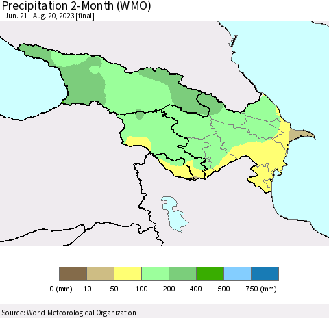Azerbaijan, Armenia and Georgia Precipitation 2-Month (WMO) Thematic Map For 6/21/2023 - 8/20/2023