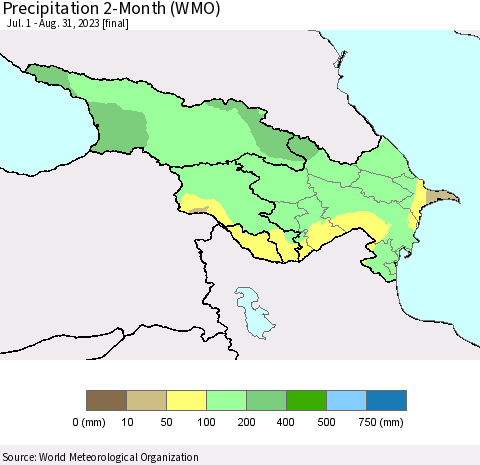 Azerbaijan, Armenia and Georgia Precipitation 2-Month (WMO) Thematic Map For 7/1/2023 - 8/31/2023