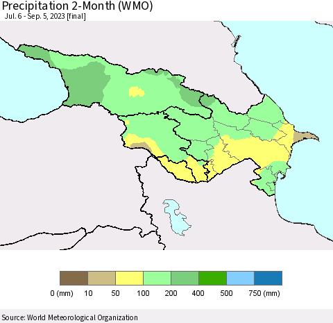Azerbaijan, Armenia and Georgia Precipitation 2-Month (WMO) Thematic Map For 7/6/2023 - 9/5/2023