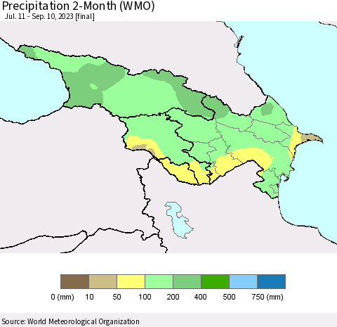 Azerbaijan, Armenia and Georgia Precipitation 2-Month (WMO) Thematic Map For 7/11/2023 - 9/10/2023