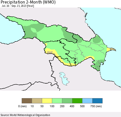 Azerbaijan, Armenia and Georgia Precipitation 2-Month (WMO) Thematic Map For 7/16/2023 - 9/15/2023