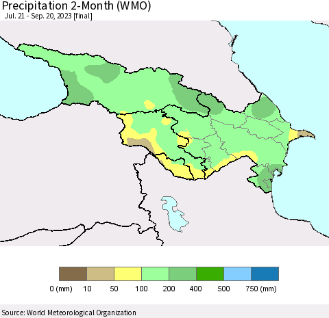 Azerbaijan, Armenia and Georgia Precipitation 2-Month (WMO) Thematic Map For 7/21/2023 - 9/20/2023