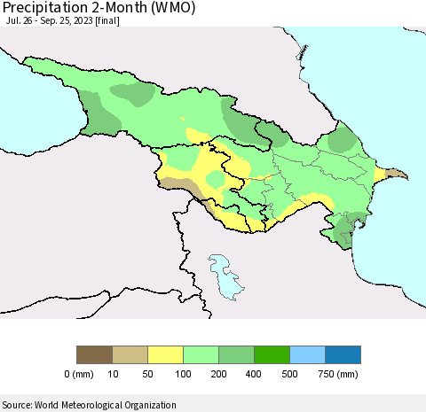 Azerbaijan, Armenia and Georgia Precipitation 2-Month (WMO) Thematic Map For 7/26/2023 - 9/25/2023