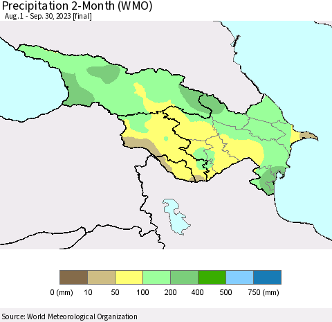 Azerbaijan, Armenia and Georgia Precipitation 2-Month (WMO) Thematic Map For 8/1/2023 - 9/30/2023