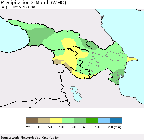 Azerbaijan, Armenia and Georgia Precipitation 2-Month (WMO) Thematic Map For 8/6/2023 - 10/5/2023