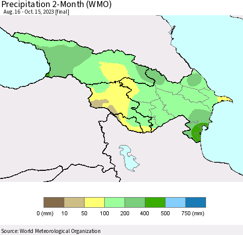 Azerbaijan, Armenia and Georgia Precipitation 2-Month (WMO) Thematic Map For 8/16/2023 - 10/15/2023