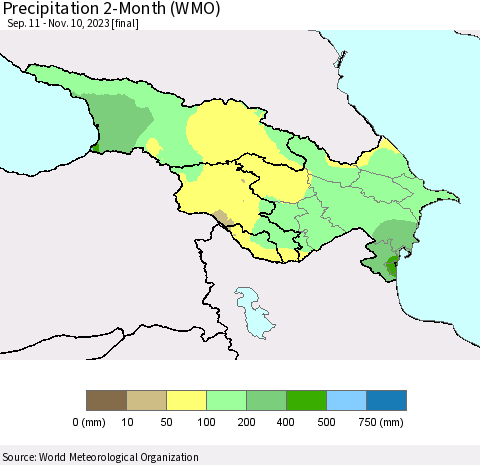 Azerbaijan, Armenia and Georgia Precipitation 2-Month (WMO) Thematic Map For 9/11/2023 - 11/10/2023