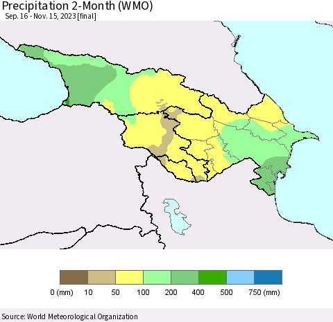 Azerbaijan, Armenia and Georgia Precipitation 2-Month (WMO) Thematic Map For 9/16/2023 - 11/15/2023
