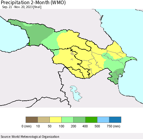 Azerbaijan, Armenia and Georgia Precipitation 2-Month (WMO) Thematic Map For 9/21/2023 - 11/20/2023