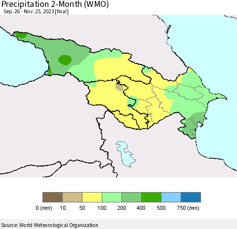 Azerbaijan, Armenia and Georgia Precipitation 2-Month (WMO) Thematic Map For 9/26/2023 - 11/25/2023