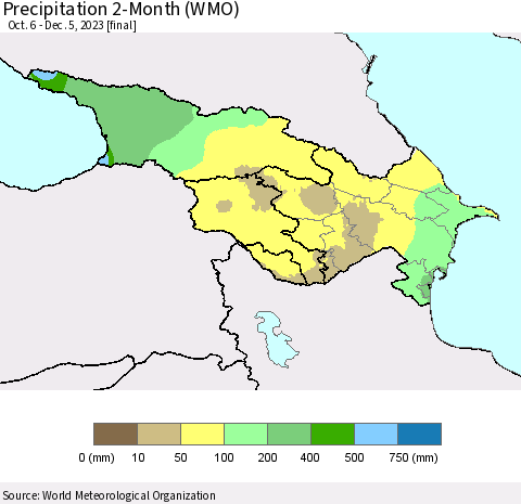 Azerbaijan, Armenia and Georgia Precipitation 2-Month (WMO) Thematic Map For 10/6/2023 - 12/5/2023