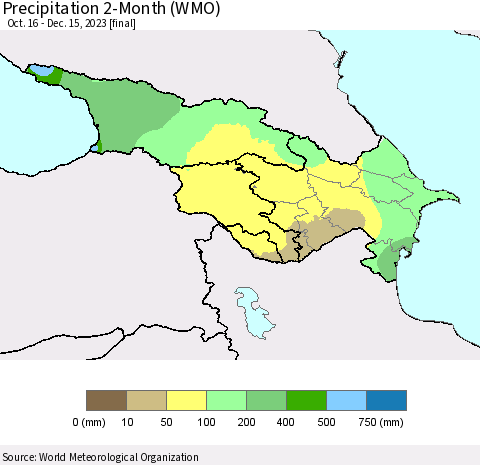 Azerbaijan, Armenia and Georgia Precipitation 2-Month (WMO) Thematic Map For 10/16/2023 - 12/15/2023
