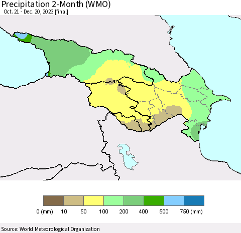 Azerbaijan, Armenia and Georgia Precipitation 2-Month (WMO) Thematic Map For 10/21/2023 - 12/20/2023