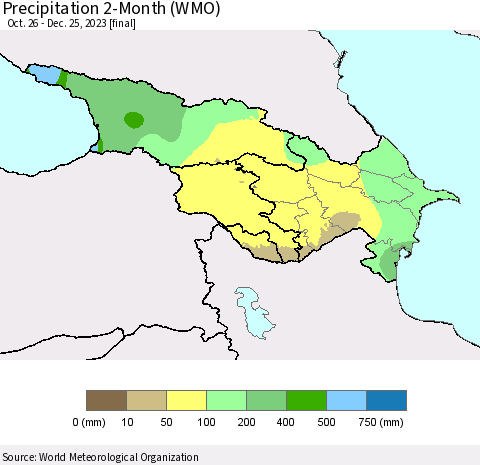Azerbaijan, Armenia and Georgia Precipitation 2-Month (WMO) Thematic Map For 10/26/2023 - 12/25/2023