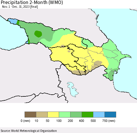 Azerbaijan, Armenia and Georgia Precipitation 2-Month (WMO) Thematic Map For 11/1/2023 - 12/31/2023