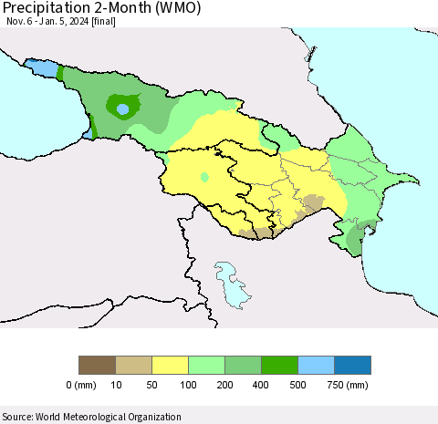 Azerbaijan, Armenia and Georgia Precipitation 2-Month (WMO) Thematic Map For 11/6/2023 - 1/5/2024