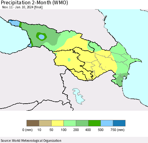 Azerbaijan, Armenia and Georgia Precipitation 2-Month (WMO) Thematic Map For 11/11/2023 - 1/10/2024