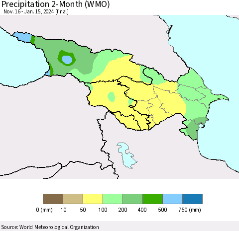 Azerbaijan, Armenia and Georgia Precipitation 2-Month (WMO) Thematic Map For 11/16/2023 - 1/15/2024