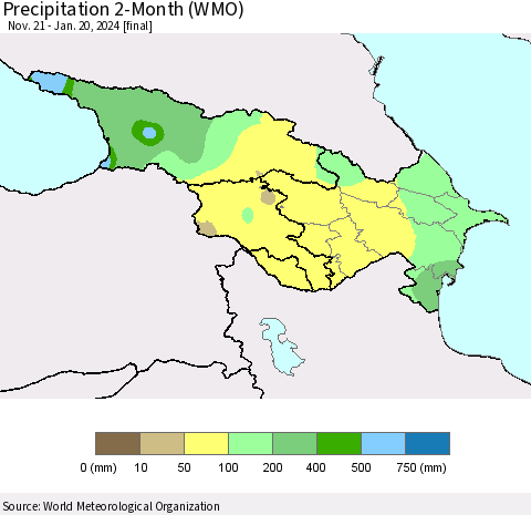 Azerbaijan, Armenia and Georgia Precipitation 2-Month (WMO) Thematic Map For 11/21/2023 - 1/20/2024