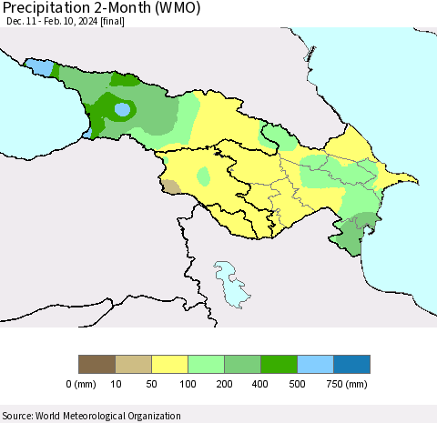 Azerbaijan, Armenia and Georgia Precipitation 2-Month (WMO) Thematic Map For 12/11/2023 - 2/10/2024