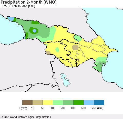 Azerbaijan, Armenia and Georgia Precipitation 2-Month (WMO) Thematic Map For 12/16/2023 - 2/15/2024