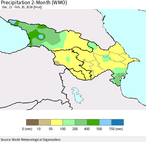 Azerbaijan, Armenia and Georgia Precipitation 2-Month (WMO) Thematic Map For 12/21/2023 - 2/20/2024