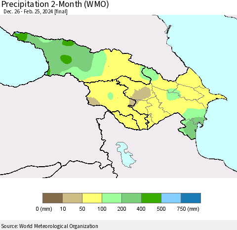 Azerbaijan, Armenia and Georgia Precipitation 2-Month (WMO) Thematic Map For 12/26/2023 - 2/25/2024