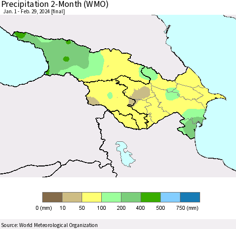 Azerbaijan, Armenia and Georgia Precipitation 2-Month (WMO) Thematic Map For 1/1/2024 - 2/29/2024