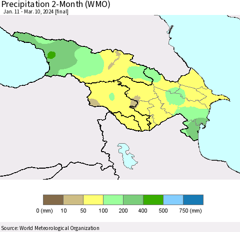 Azerbaijan, Armenia and Georgia Precipitation 2-Month (WMO) Thematic Map For 1/11/2024 - 3/10/2024