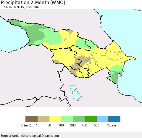 Azerbaijan, Armenia and Georgia Precipitation 2-Month (WMO) Thematic Map For 1/16/2024 - 3/15/2024