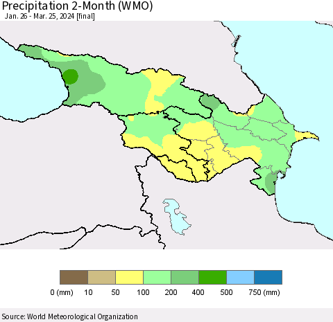 Azerbaijan, Armenia and Georgia Precipitation 2-Month (WMO) Thematic Map For 1/26/2024 - 3/25/2024