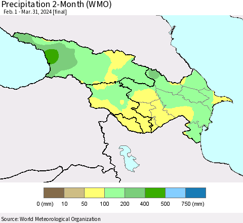 Azerbaijan, Armenia and Georgia Precipitation 2-Month (WMO) Thematic Map For 2/1/2024 - 3/31/2024