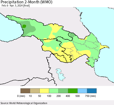 Azerbaijan, Armenia and Georgia Precipitation 2-Month (WMO) Thematic Map For 2/6/2024 - 4/5/2024