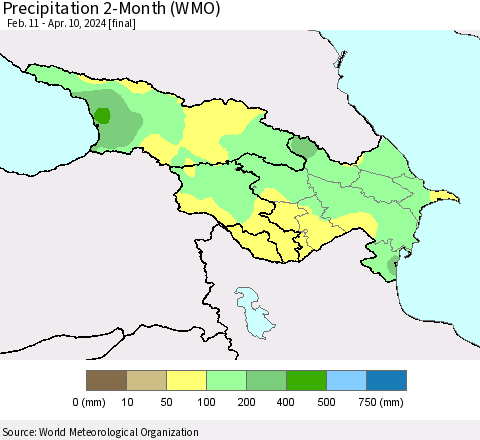 Azerbaijan, Armenia and Georgia Precipitation 2-Month (WMO) Thematic Map For 2/11/2024 - 4/10/2024