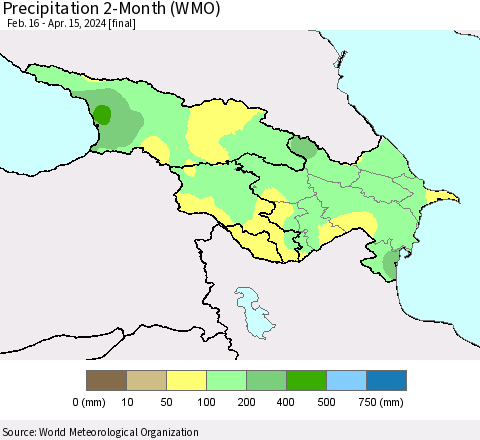 Azerbaijan, Armenia and Georgia Precipitation 2-Month (WMO) Thematic Map For 2/16/2024 - 4/15/2024