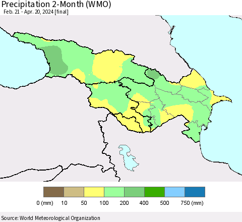 Azerbaijan, Armenia and Georgia Precipitation 2-Month (WMO) Thematic Map For 2/21/2024 - 4/20/2024