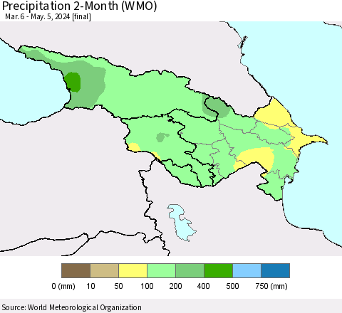 Azerbaijan, Armenia and Georgia Precipitation 2-Month (WMO) Thematic Map For 3/6/2024 - 5/5/2024