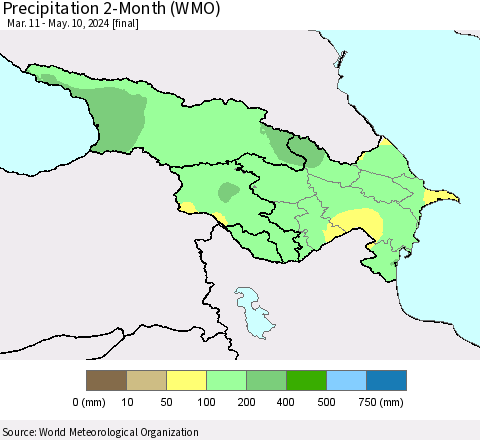 Azerbaijan, Armenia and Georgia Precipitation 2-Month (WMO) Thematic Map For 3/11/2024 - 5/10/2024