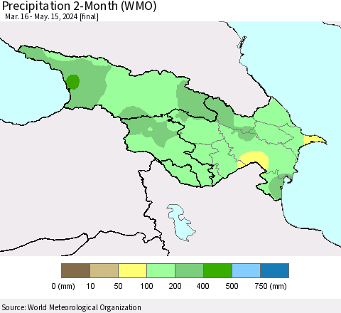 Azerbaijan, Armenia and Georgia Precipitation 2-Month (WMO) Thematic Map For 3/16/2024 - 5/15/2024