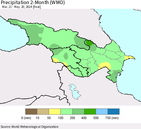 Azerbaijan, Armenia and Georgia Precipitation 2-Month (WMO) Thematic Map For 3/21/2024 - 5/20/2024