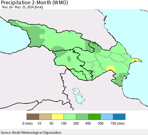 Azerbaijan, Armenia and Georgia Precipitation 2-Month (WMO) Thematic Map For 3/26/2024 - 5/25/2024