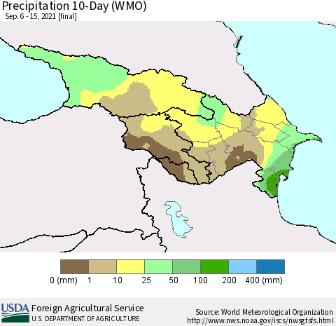 Azerbaijan, Armenia and Georgia Precipitation 10-Day (WMO) Thematic Map For 9/6/2021 - 9/15/2021